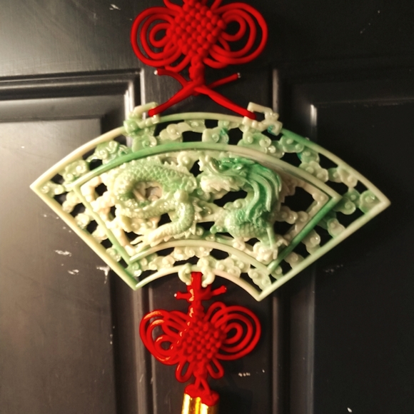 Other - Chinese Carved Green Lacquer Firey Dragon Hanging Fan Red Lucky Knots & Tassels